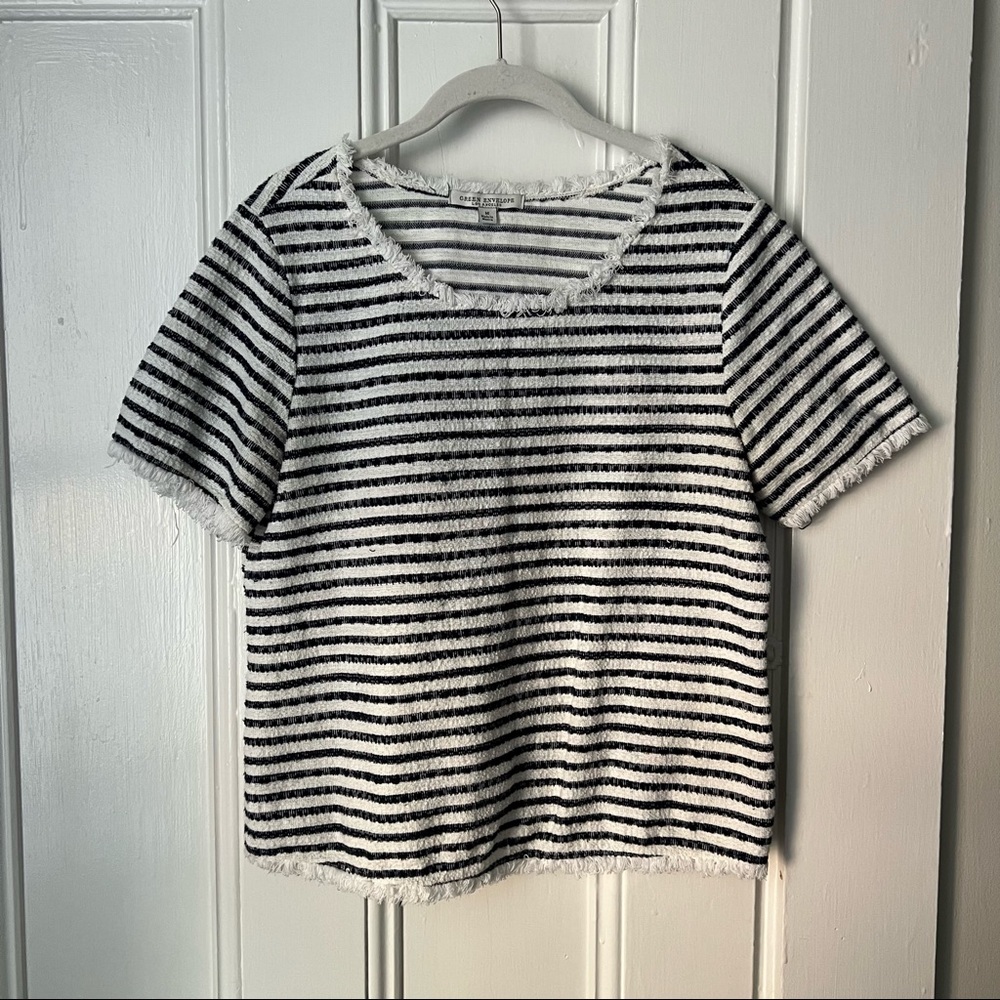 Green Envelope Striped Cropped Fringe Edge Top Shirt - Navy/White